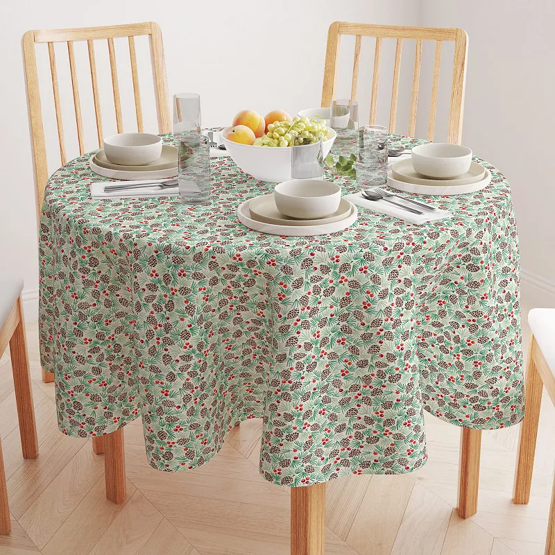 Round Tablecloth， 100% Polyester， 70 Round， Holiday Foliage and Berries