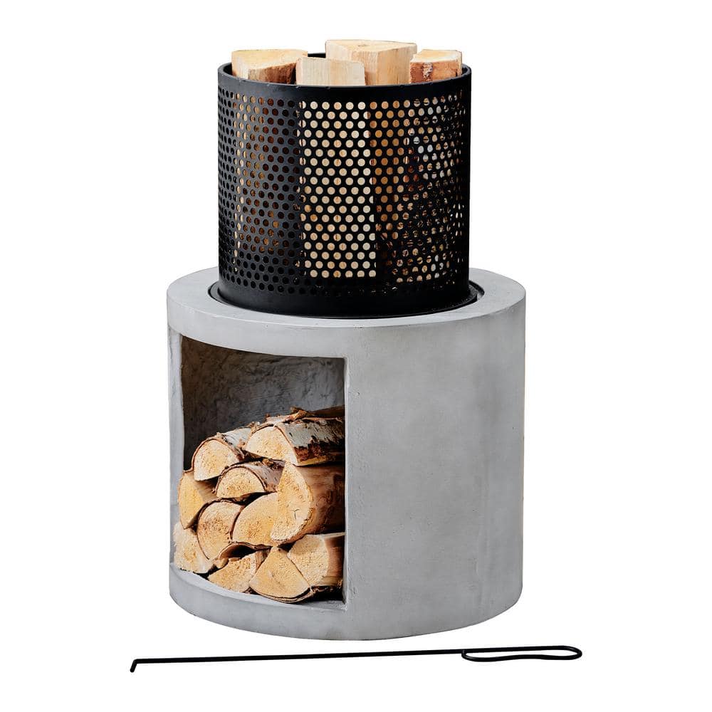 Teamson Home 16 in. Cylinder Wood Burning Fire Pit with Log Storage PT-FW0003