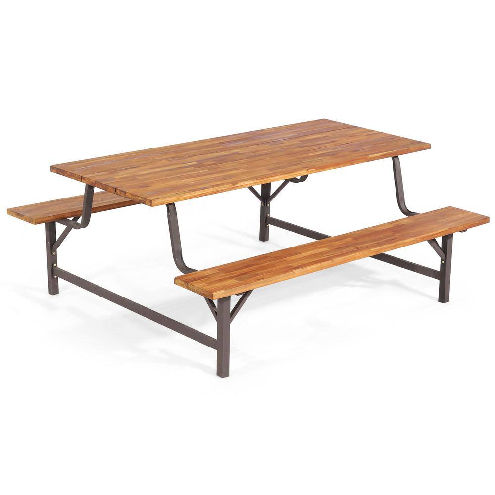 Costway Acacia Wood Outdoor Picnic Table Bench Set with 71 in. Tabletop 2 in. Umbrella Hole KC55465+