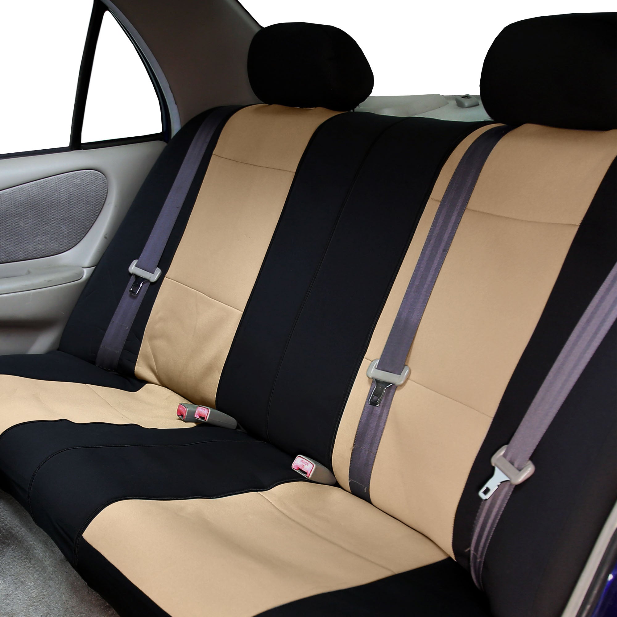 FH Group Neoprene 3 Row Car Seat Covers For SUV， Airbag Ready Split Bench 7 Seater， Beige Black with Free Air Freshener