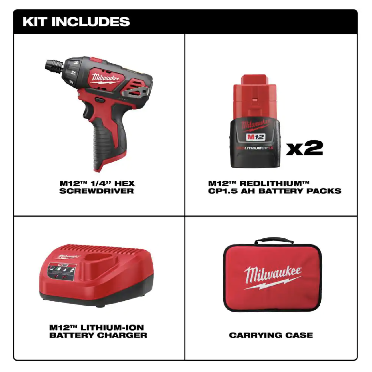 Milwaukee M12 12V Lithium-Ion Cordless 1/4 in. Hex Screwdriver Kit with Two 1.5Ah Batteries， Charger and Tool Bag