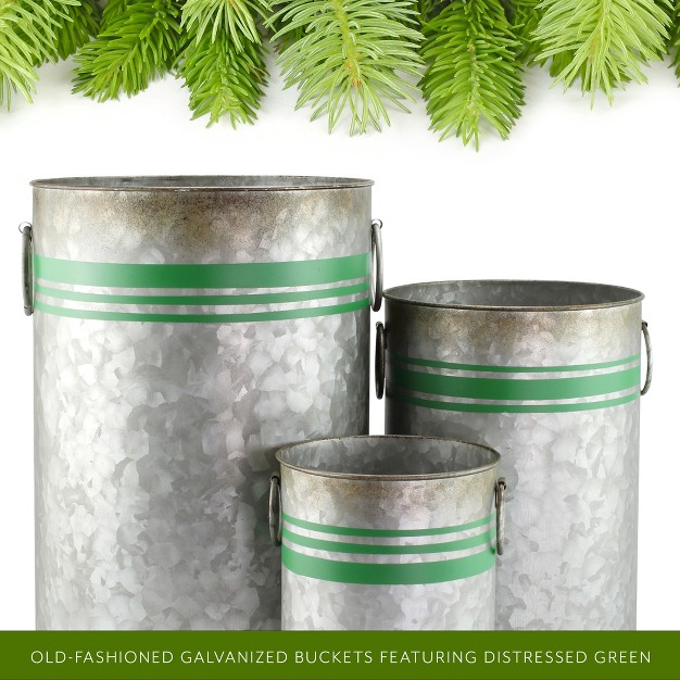 Auldhome Design Greenery Buckets Galvanized Cans With Green Ribbon Motif Set Of 3