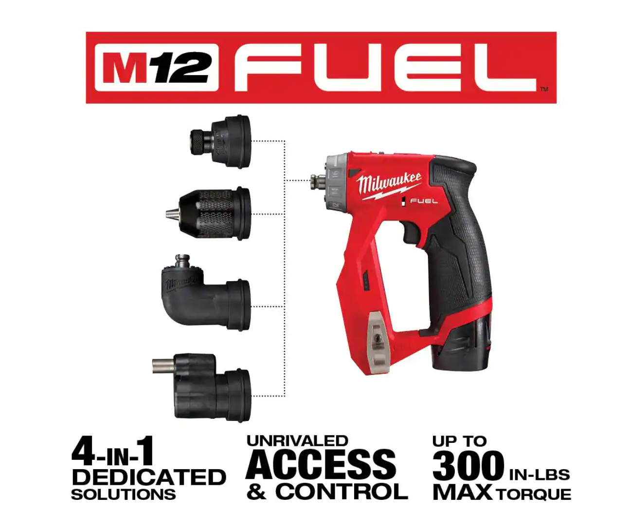 Milwaukee 2505-22-2415-20 M12 FUEL 12-Volt Lithium-Ion Brushless Cordless 4-in-1 Interchangeable 3/8 in. Drill Driver Kit with Right Angle Drill