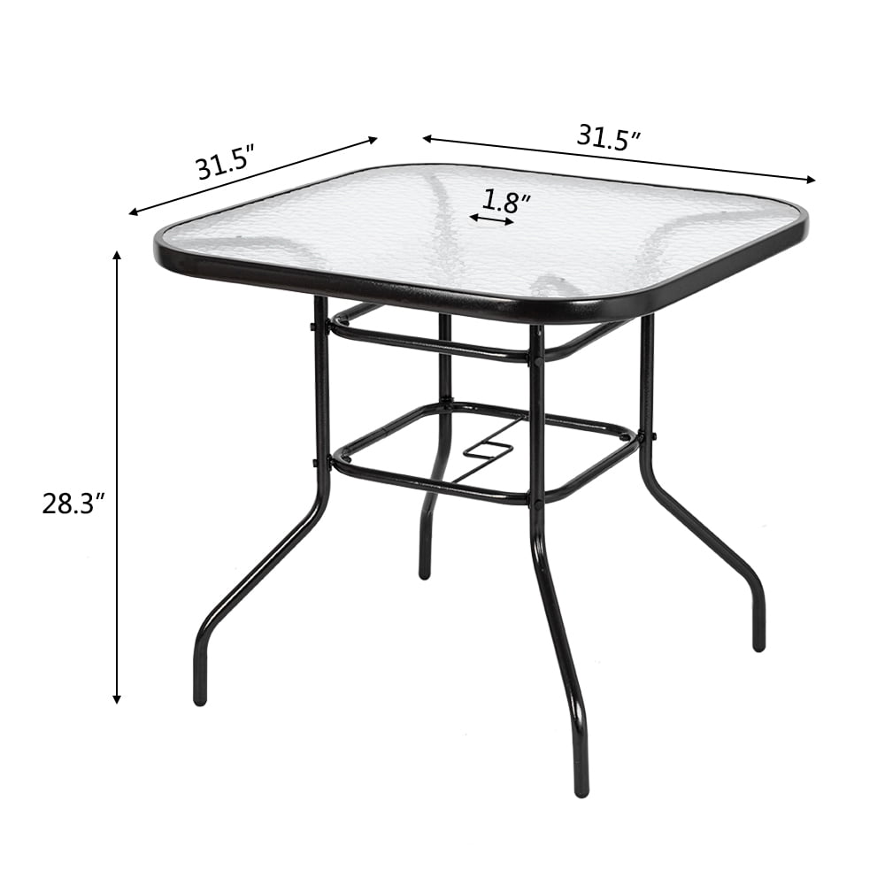 VINGLI 32 Outdoor Dining Table with Umbrella Hole Coffee Side Table, Square Tempered Glass Bistro Table Steel Frame, Outside Banquet Furniture for Balcony Garden Deck Lawn