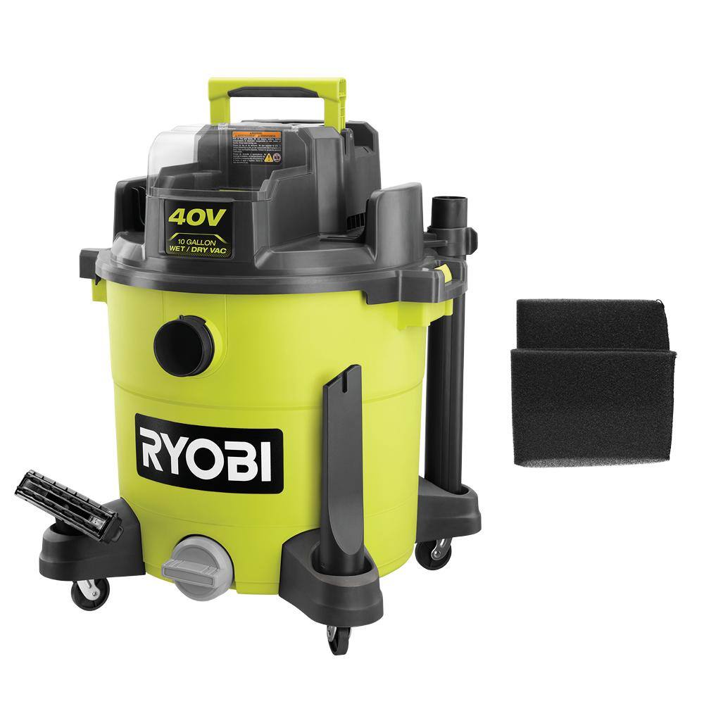 RYOBI 40V 10 Gal. Cordless WetDry Vacuum (Tool Only) with Replacement Foam Filters (2-Pack) RY40WD01B-A32WF02