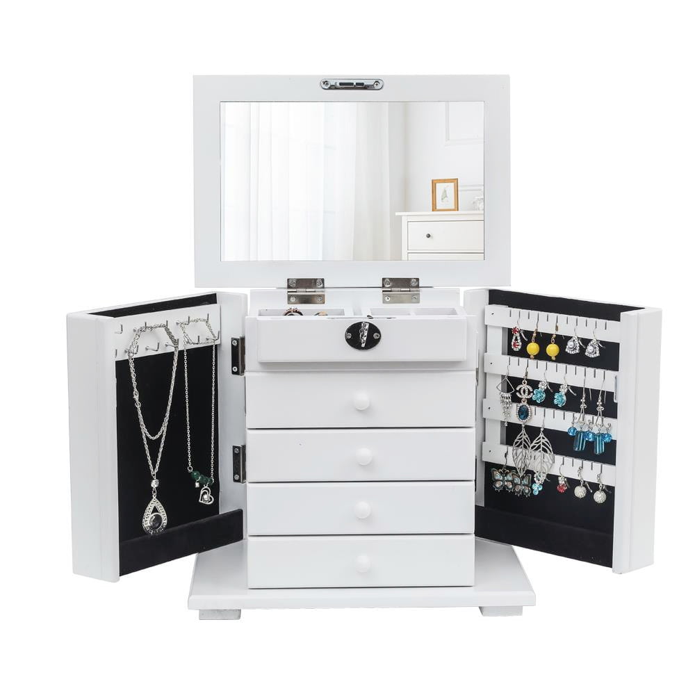 Ktaxon 4-Drawer Mirrored Lockable Jewelry Box Case for Earring Necklace Organizer, White