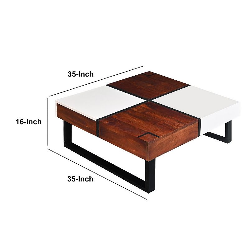 Byron 35 Inch Acacia Wood Square Coffee Table， 2 Slide Out Storage， White， Mahogany Brown