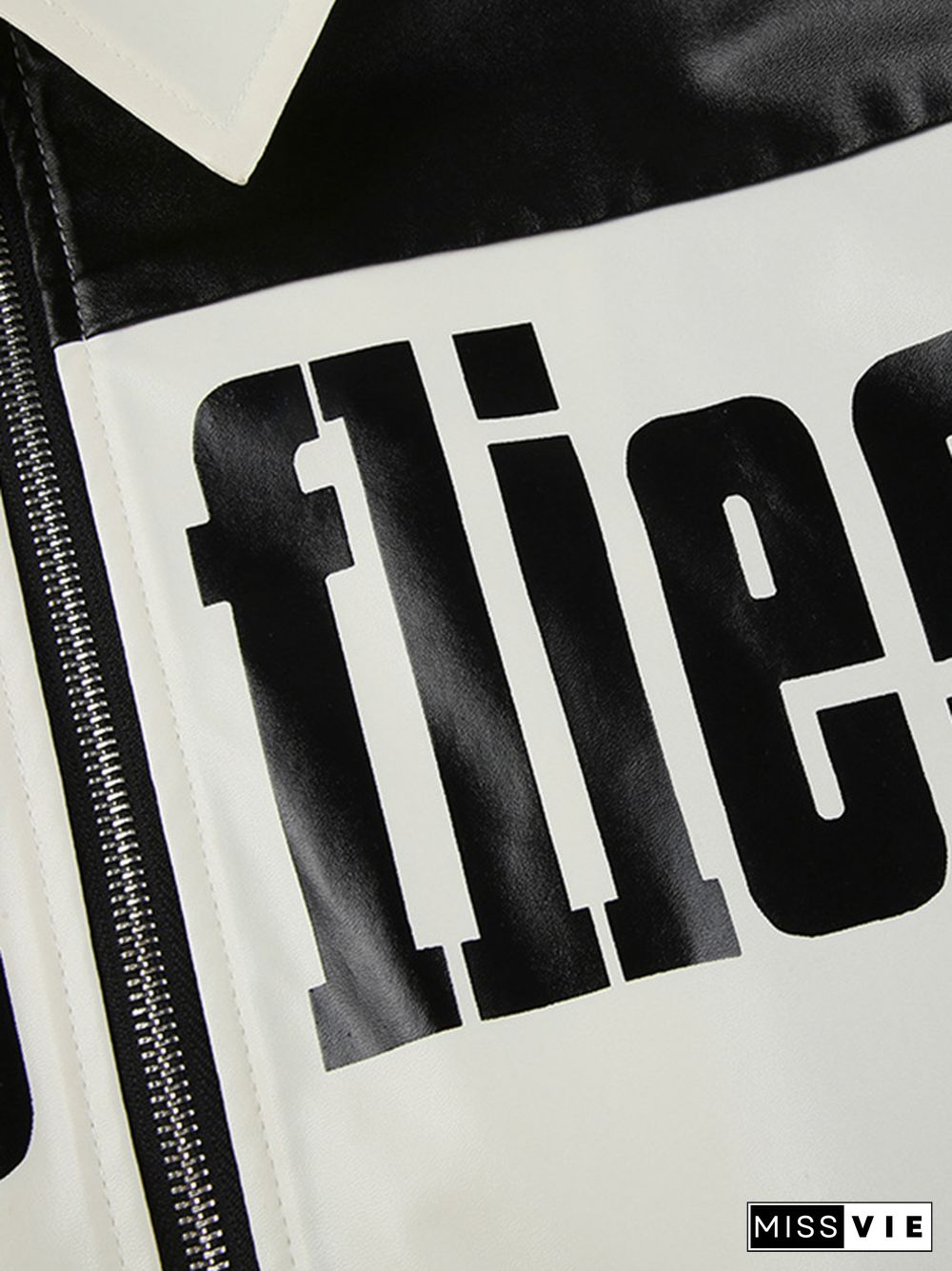 Contrast Color Letter Print Splice Leather Motorcycle Jacket