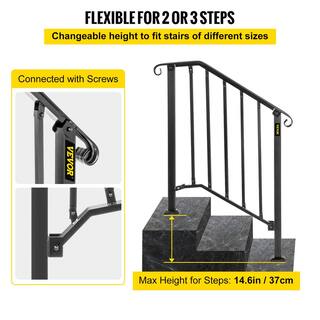 VEVOR 2 ft. Handrails for Outdoor Steps Fit 2 or 3 Steps Outdoor Stair Railing Wrought Iron Handrail with baluster Black LTFS2H3BHSTL00001V0