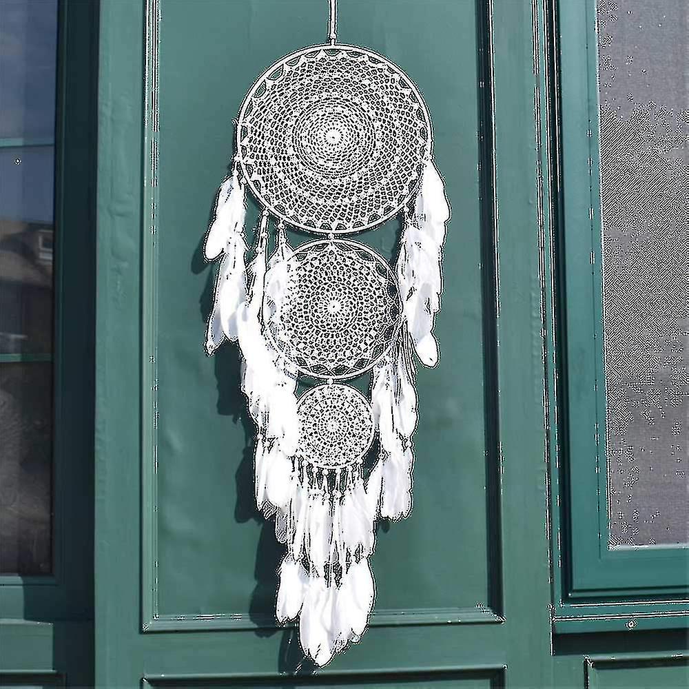 Large Dream Catcher With 3 Circles， White Macrame Feathers To Hang For Vintage Wedding Decoration 35cm Circle 110cm Long Mimenor