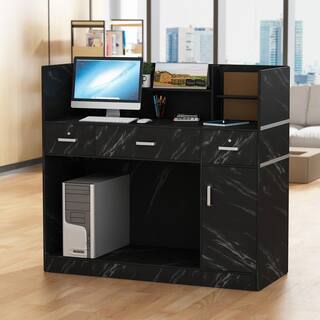 FUFUGAGA 47.2 in. Rectangle Black Wood Writing Desk Reception Desk Executive Computer Workstation with Lockable Drawers Cabinet KF210126-02-c