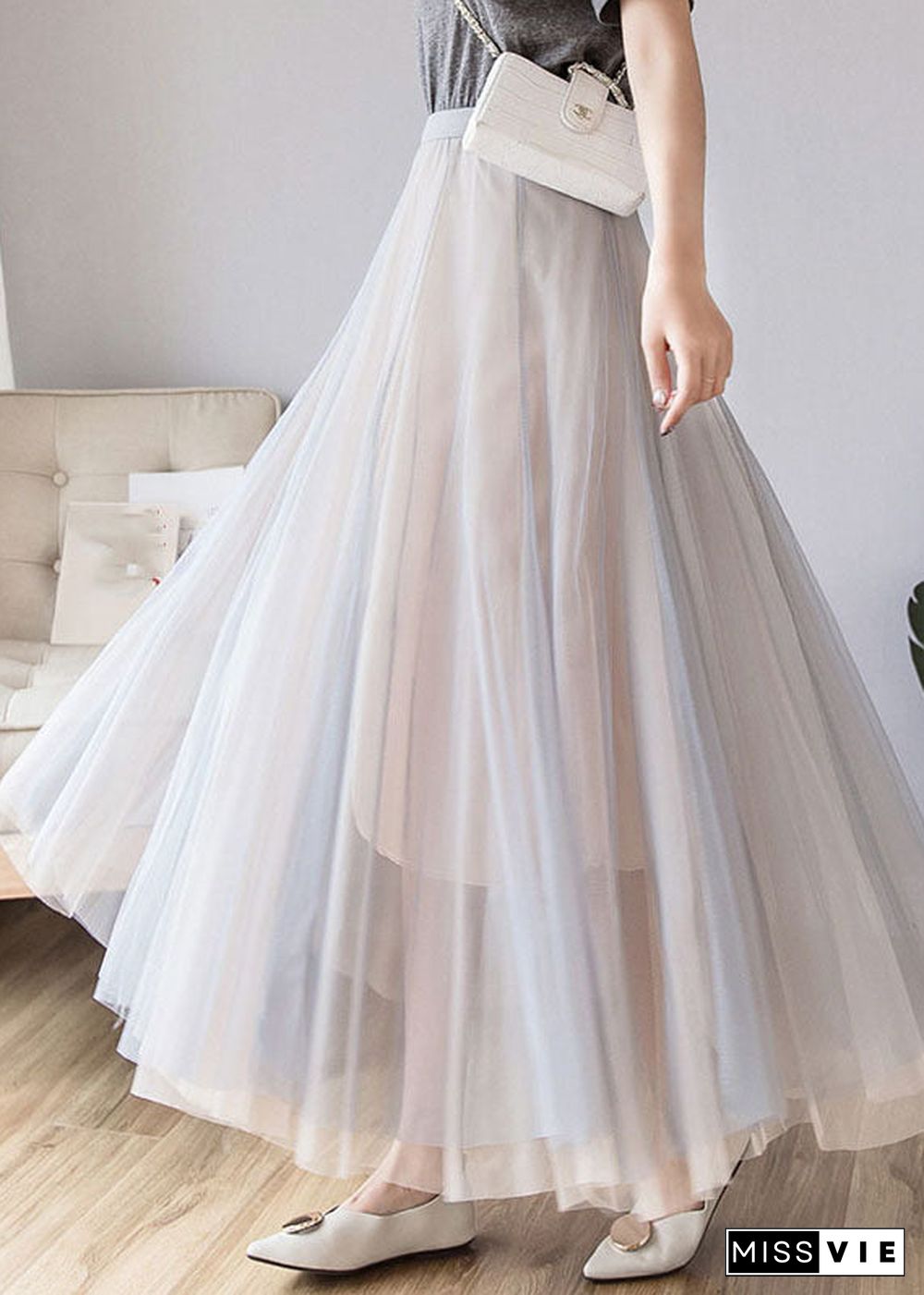 Layered Grey Pink Elastic Waist Tulle A Line Skirt Fall