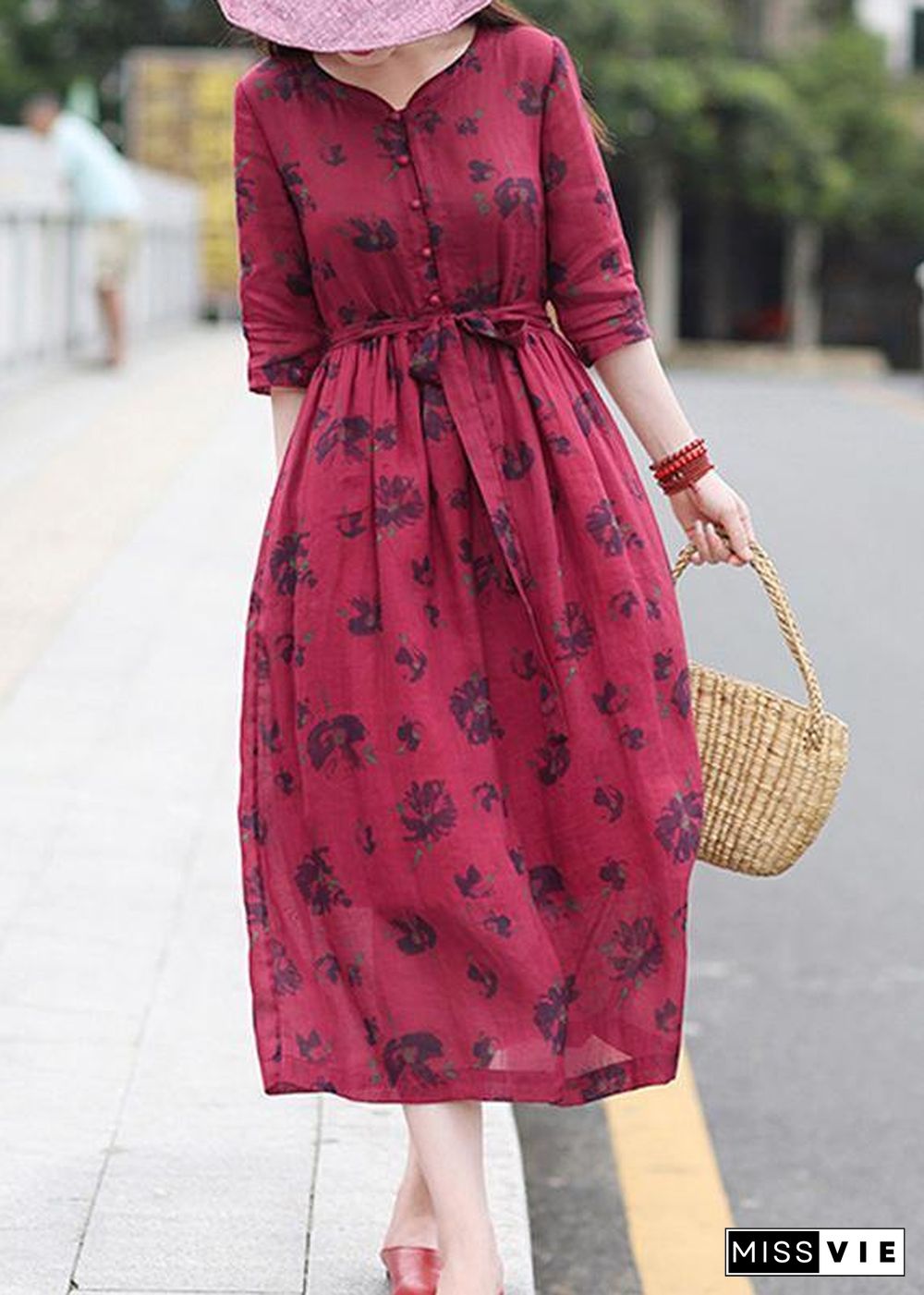 Chic v neck patchwork spring dresses design red print Dresses