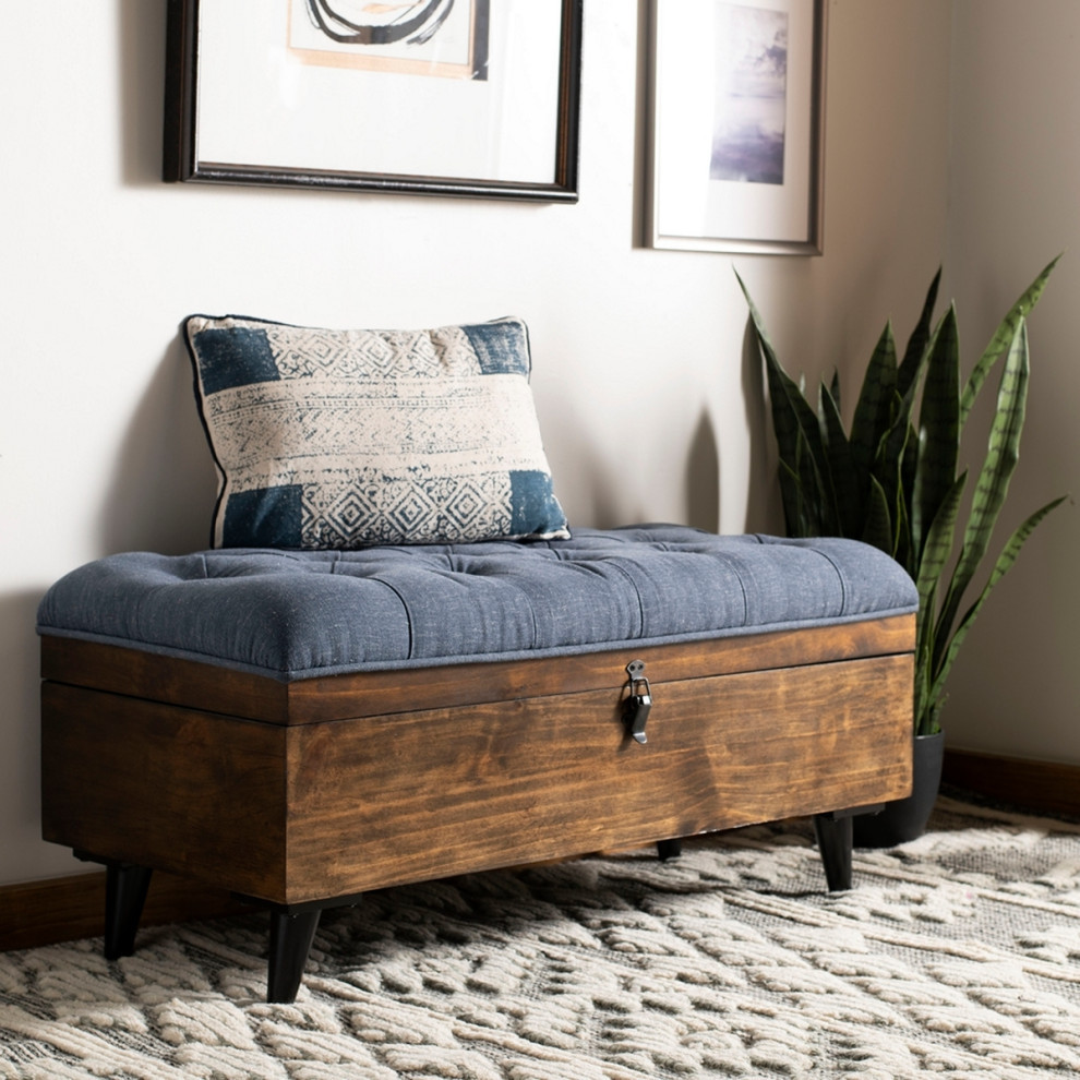 Mia Tufted Cocktail Bench/Ottoman Navy/Dark Oak   Midcentury   Footstools And Ottomans   by V.S.D Furniture  Houzz