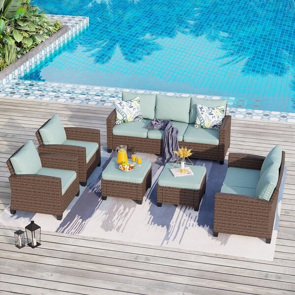 9Seat Patio Furniture Wicker Rattan Outdoor Highback Sectional Sofa Conversation Set with Firepit Table