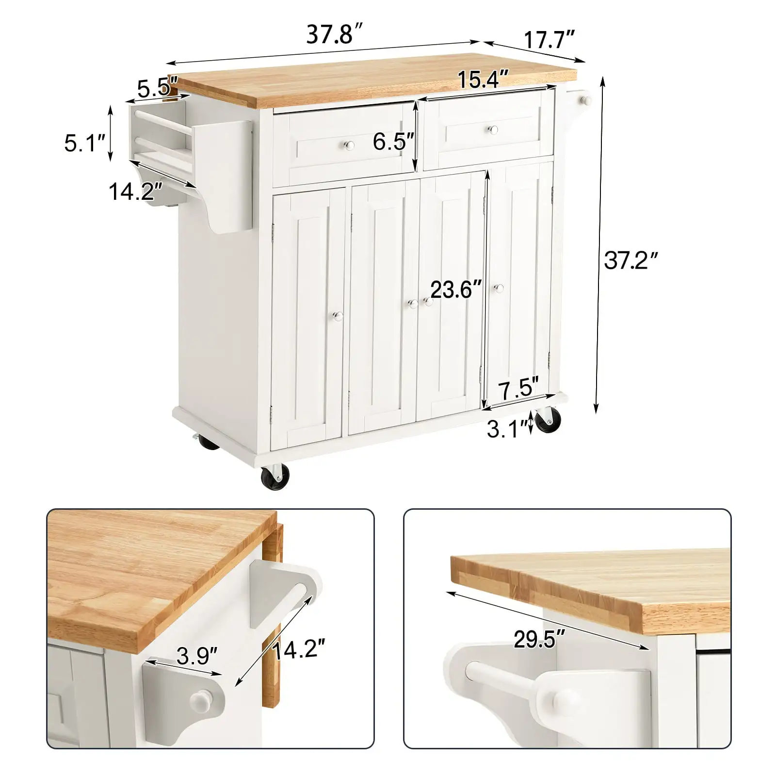 Rolling Kitchen Island Cart with Storage， Kitchen Cart with Drop-Leaf Rubber Wood Tabletop， Lockable Wheels， Trolley Cart Utility Cabinet， Towel Rack， Spice Rack Off-White