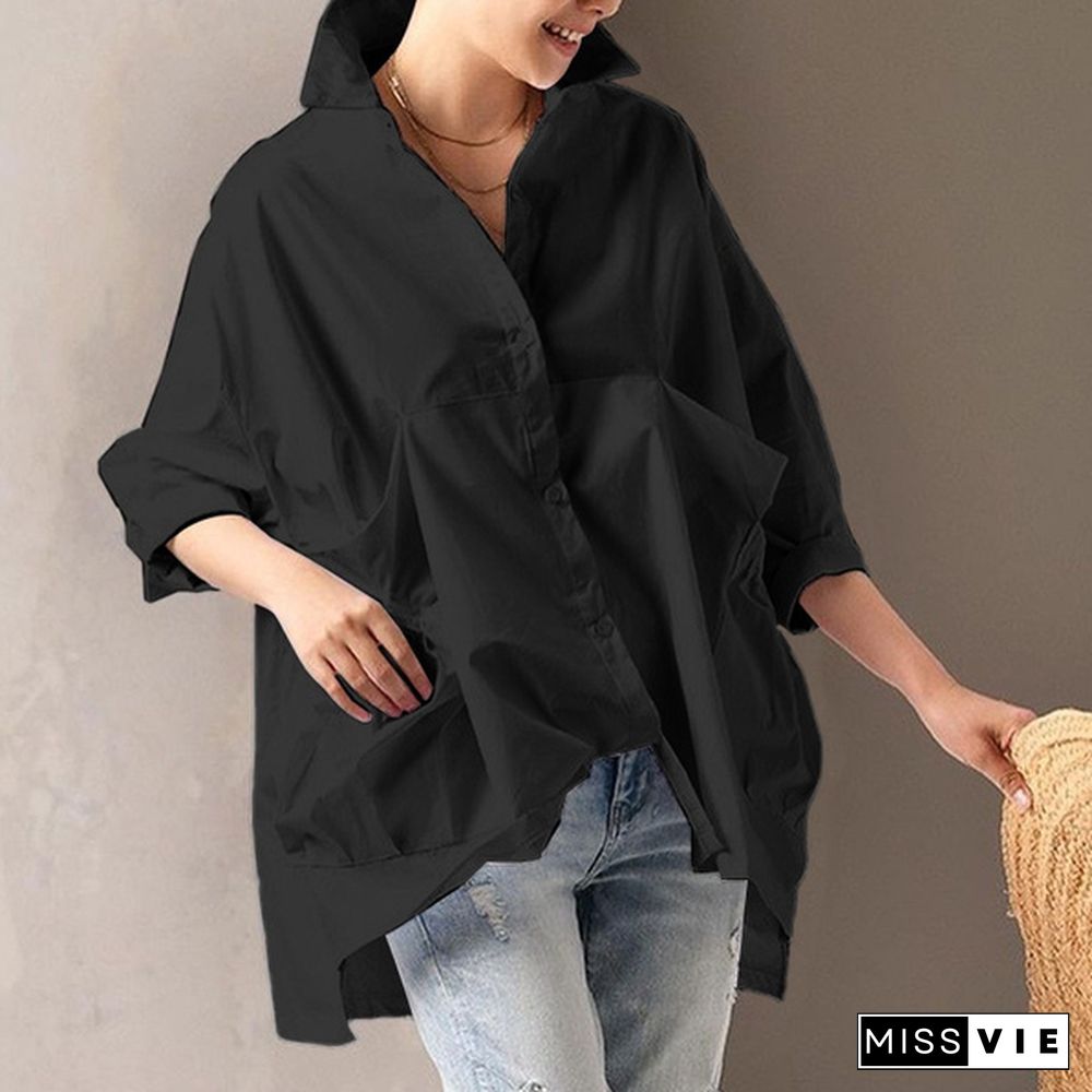 Plus Size Women Casual Baggy Long Sleeved Irregular Hem Tops Lapel Button Up Blouse Shirts With Pockets Blusas Femininas