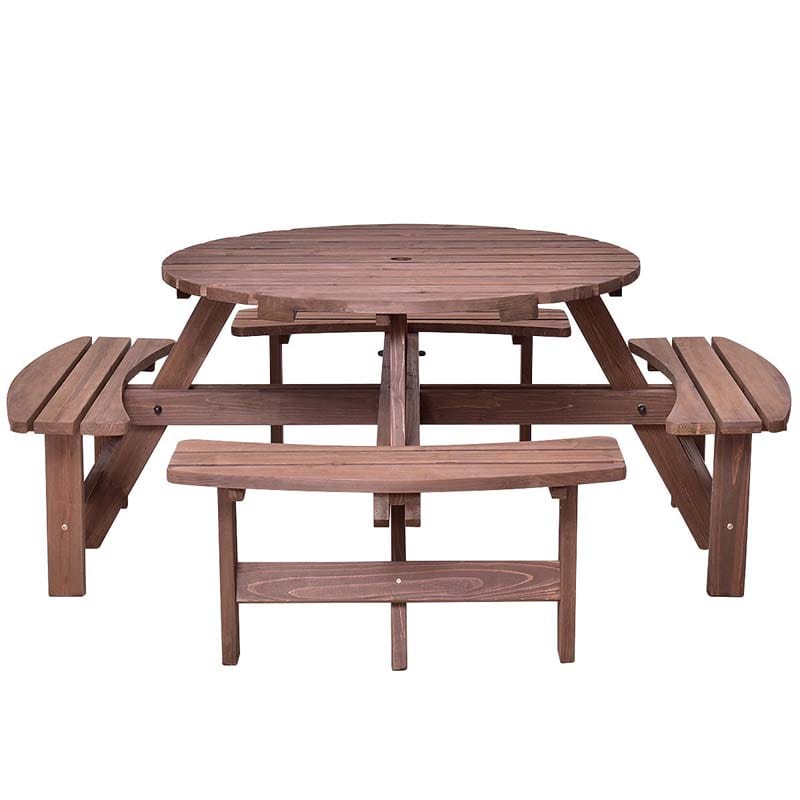 8-Person Outdoor Wooden Round Picnic Dining Table Bench Set with Umbrella Hole & 4 Benches