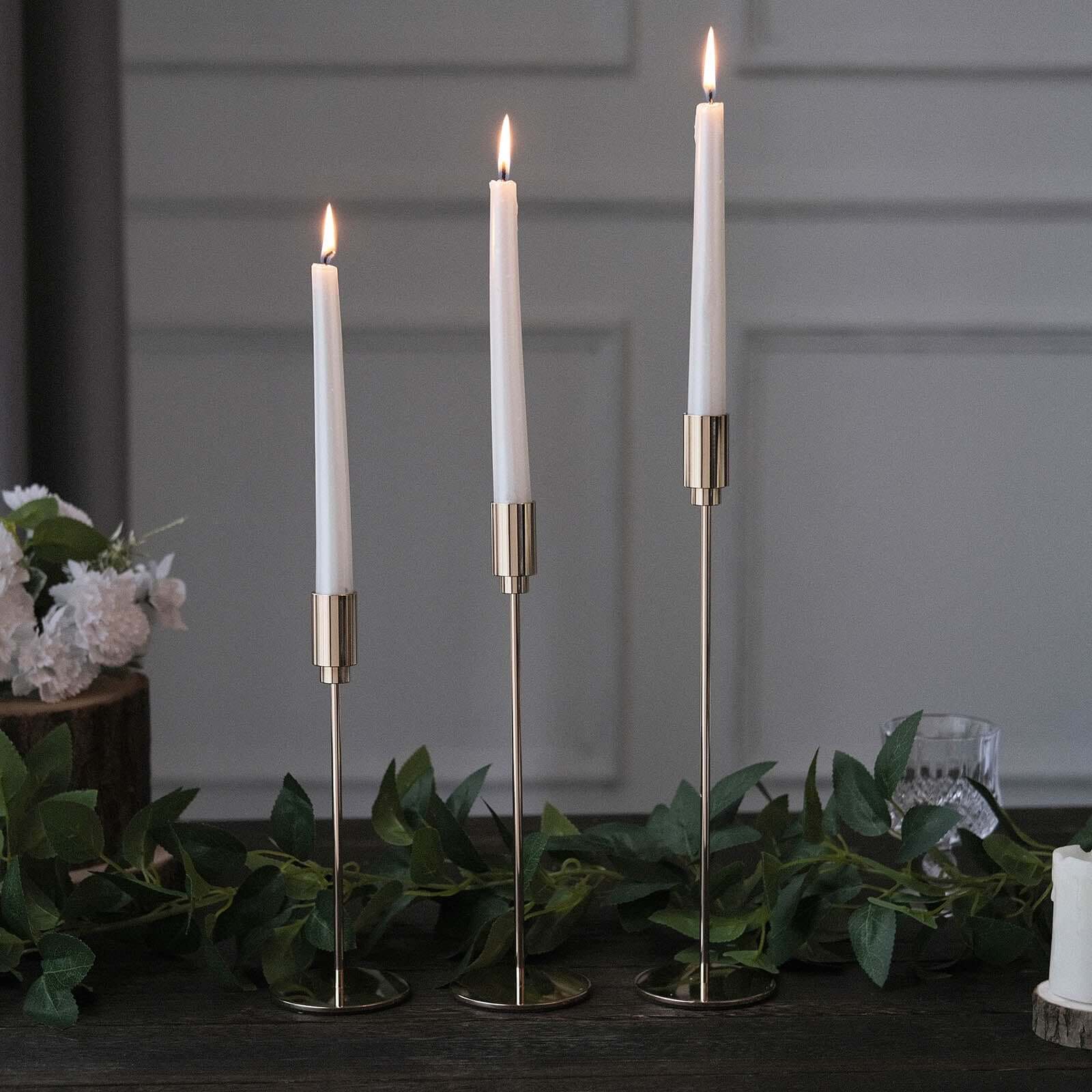 Set of 3 Gold Metal Taper Candle Stands With Round Solid Base, Decorative Candlestick Holder Set 9