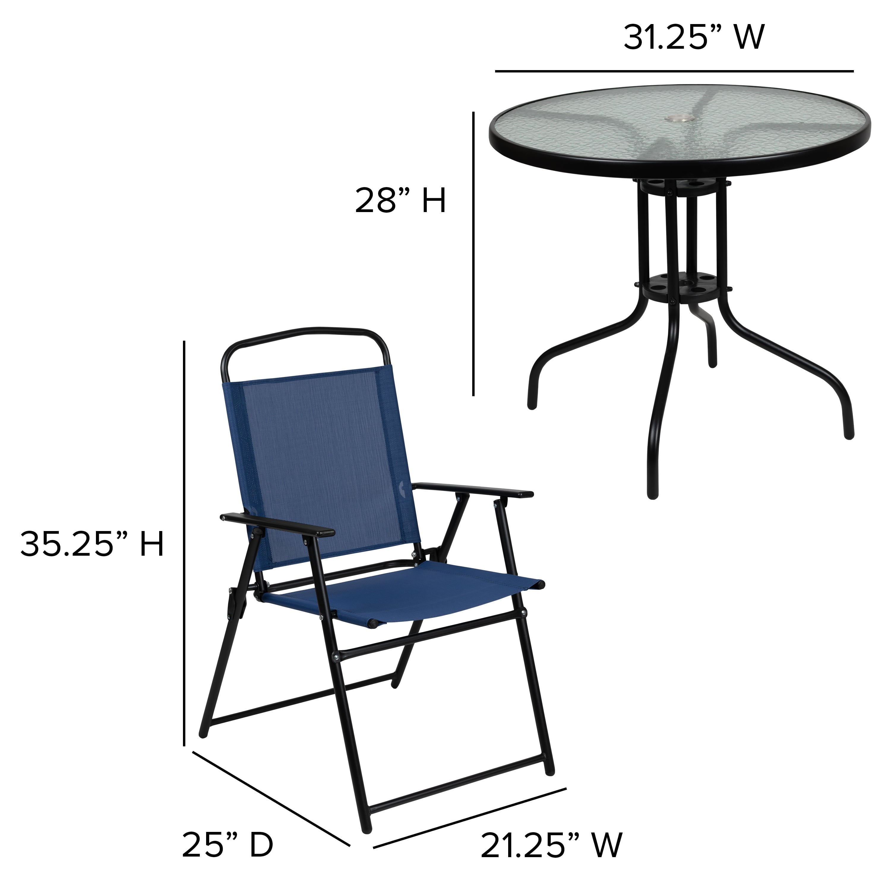 Flash Furniture Nantucket 6 Piece Navy Patio Garden Set with Umbrella Table and Set of 4 Folding Chairs