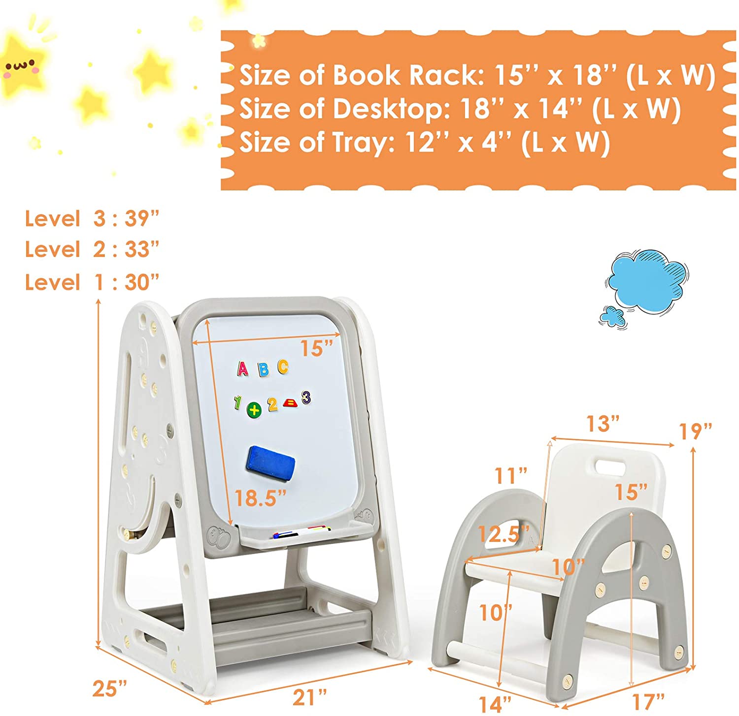 Costzon Kids Art Easel with Stool, 2 in 1 Double-Sided Magnetic Dry Erase Board and Kids Book Rack with Foldable Desktop (Grey)