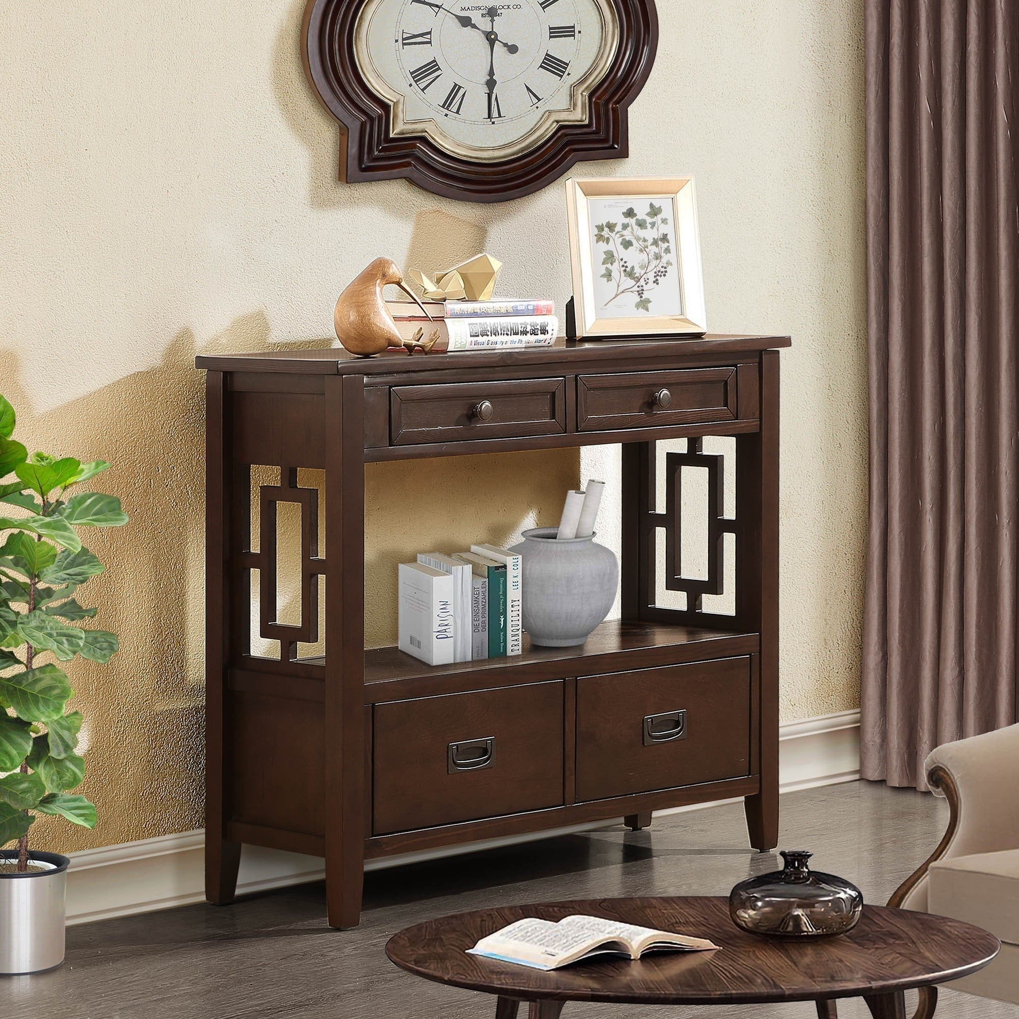 36'' Farmhouse Pine Console Table with 4 Drawers and 1 Storage Shelf