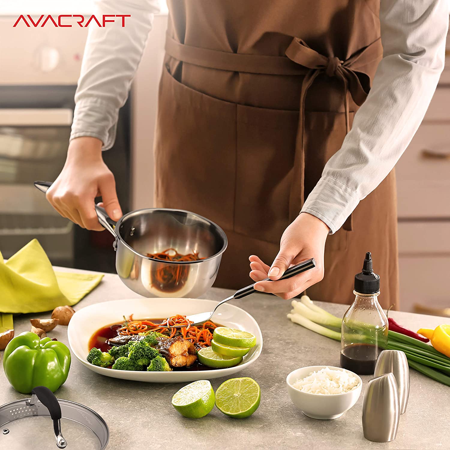 AVACRAFT Tri-Ply Stainless Steel Saucepan with Glass Strainer Lid， Two Side Spouts， Ergonomic Handle， Multipurpose Sauce Pan with Lid， Sauce Pot， Cooking Pot (Tri-Ply Full Body， 1.5 Quart)