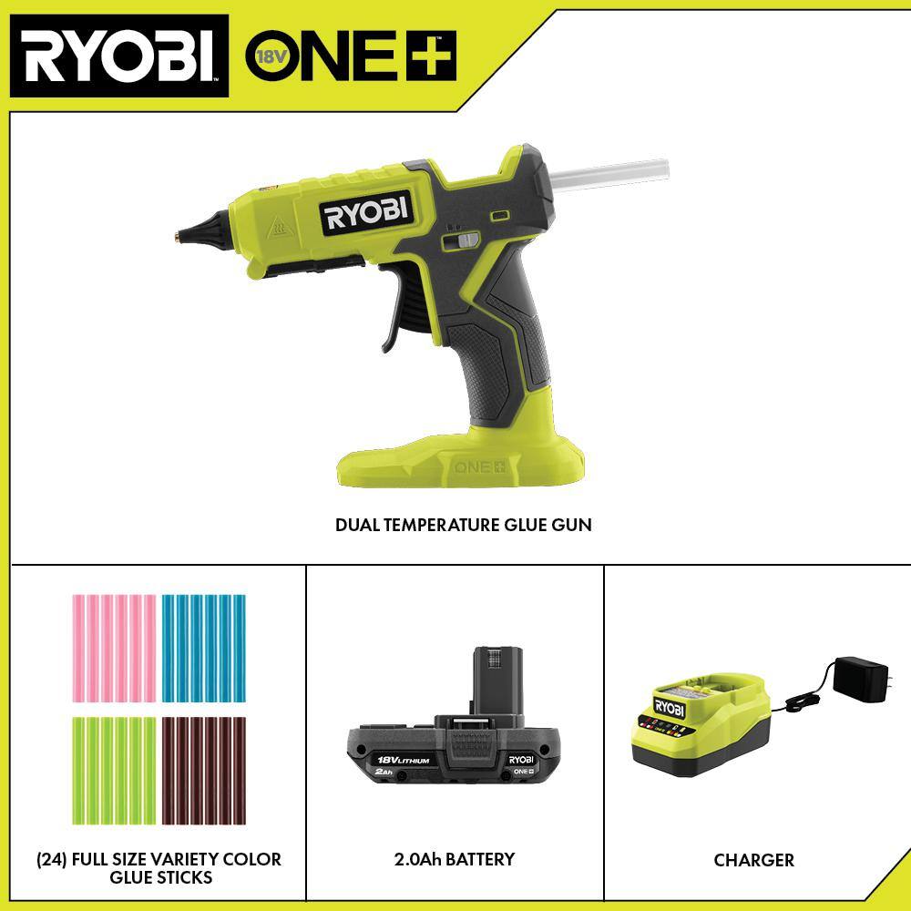 RYOBI ONE+ 18V Cordless Dual Temperature Glue Gun Kit w 2.0 Ah Battery Charger  Full-Size Variety Color Glue Sticks (24Pck) P307K1N-A1932405