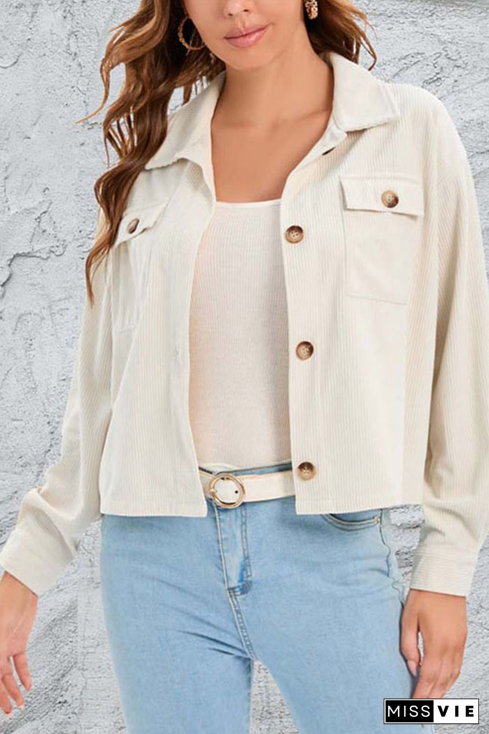 Plain Pockets Button Corduroy Crop Jacket