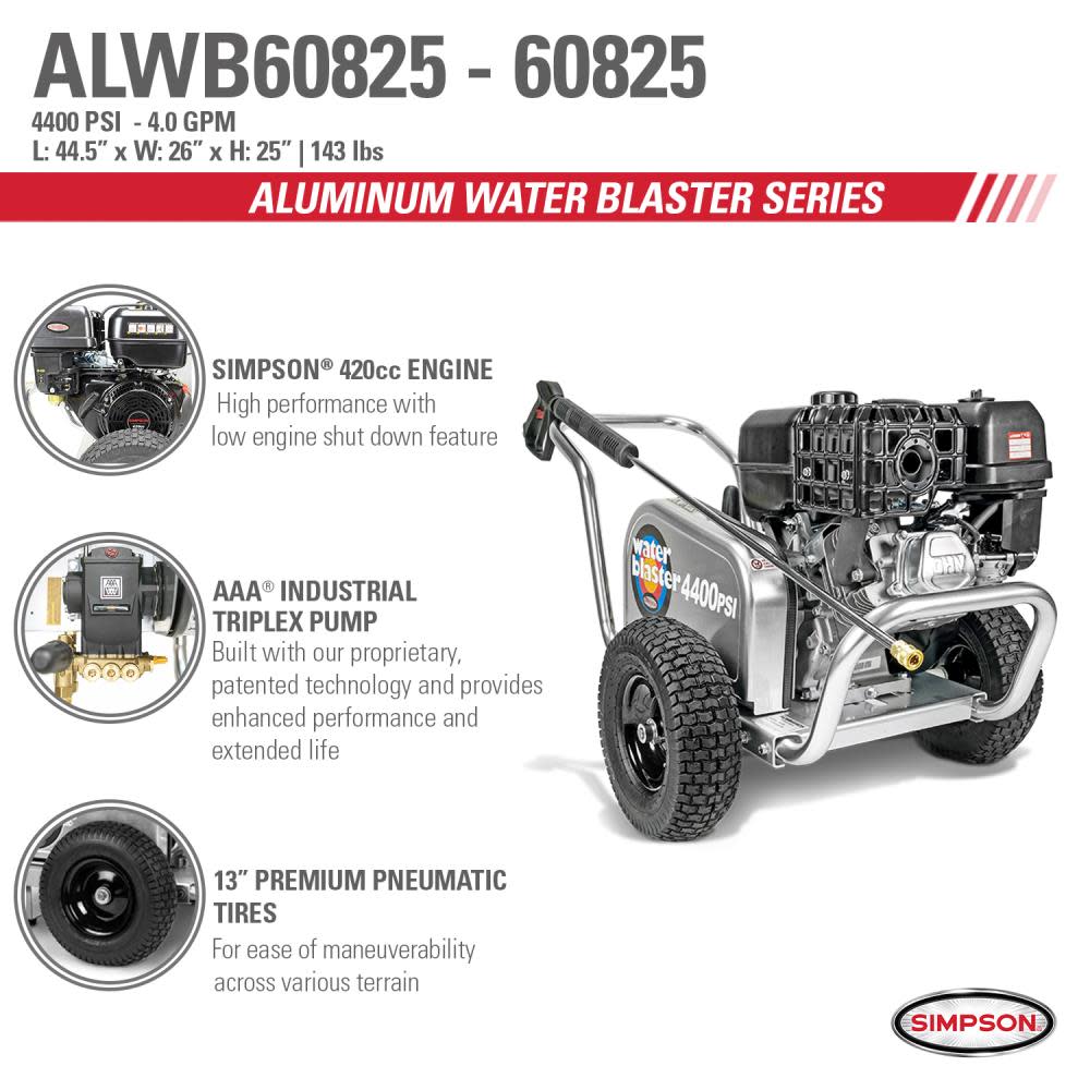 Aluminum Water Blaster 4400 PSI at 4.0 GPM SIMPSON 420 with AAA Triplex Plunger Pump Cold Water Professional Belt Drive Gas Pressure Washer (49-State) ;