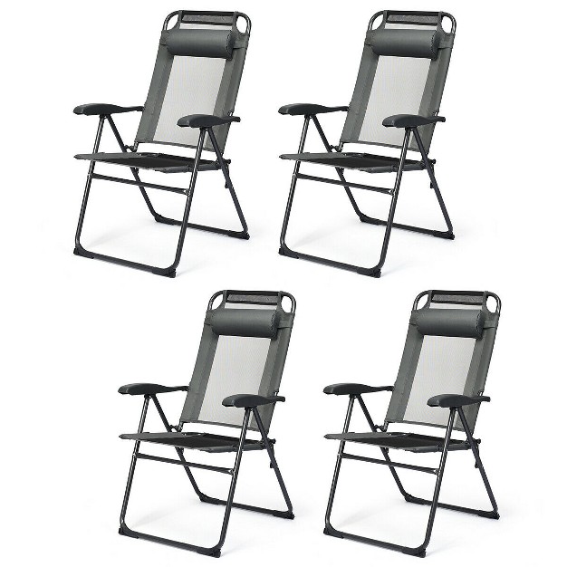 Costway 4pc Folding Chairs Adjustable Reclining Chairs With Headrest Patio Garden Black grey