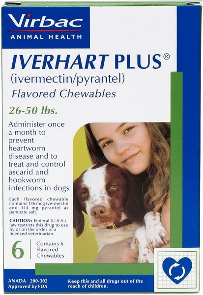 Iverhart Plus Chewable Tablet for Dogs， 26-50 lbs， (Green Box)