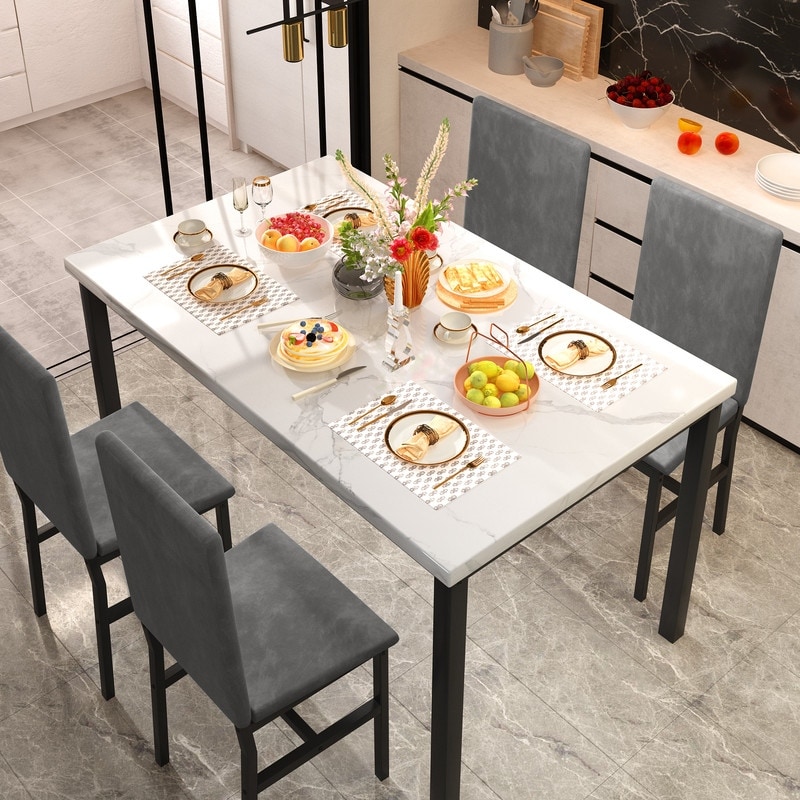 Grondin Modern Style Faux Marble Top 5 Piece Casual Dining Set with 4 Velvet Upholstered Dining Chairs