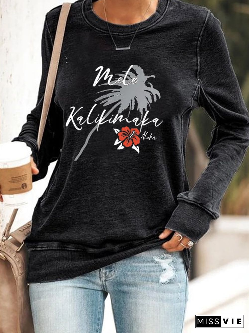 Women's Christmas Hawaiian Mele Kalikimaka Hibiscus Flower Print Sweatshirt