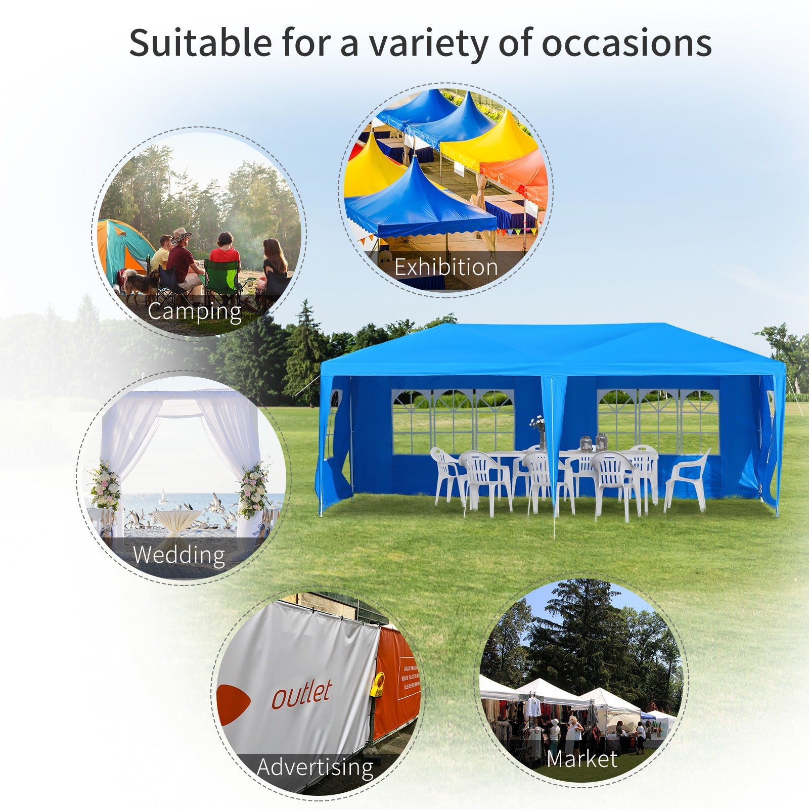 Outsunny Large 10' x 20' Party Tent, Events Shelter Canopy Gazebo with 4 Removable Side Walls for Weddings, Picnic, Blue