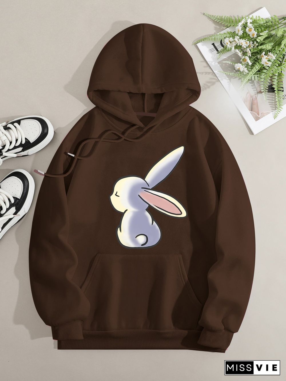 Printed on front Kangaroo Pocket Hoodie Long Sleeve for Women Pattern Unhappy Rabbit