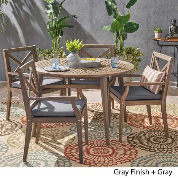 Pines Outdoor 5 Piece Acacia Wood Dining Set with Cushions by Christopher Knight Home