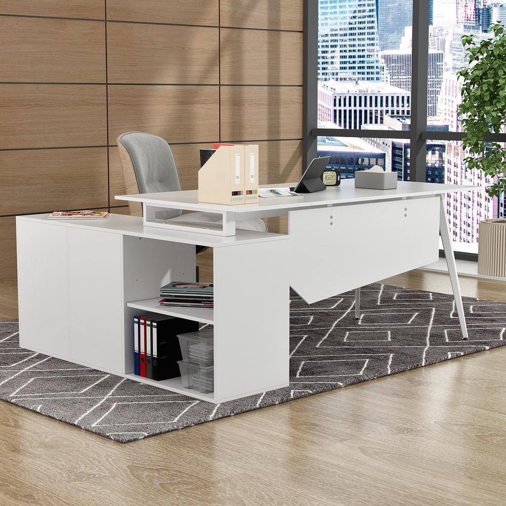 FUFUGAGA 63 in. W-28.7 in. H White Computer Desk with 3-Drawers 1-Storage Cabinet and 2-Adjustable Shelves DRF-KF210153-12