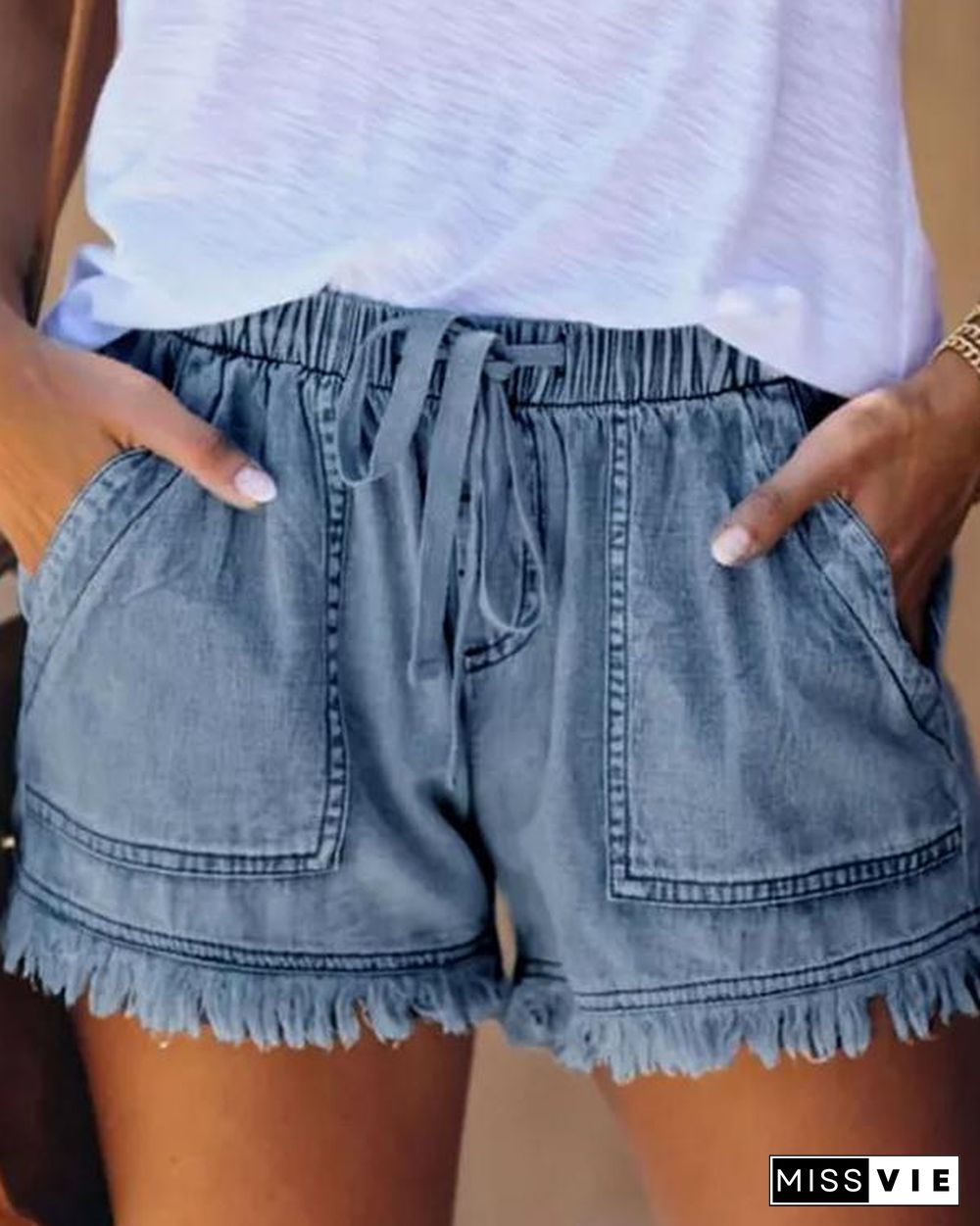 Elastic Waist Burr Denim Shorts