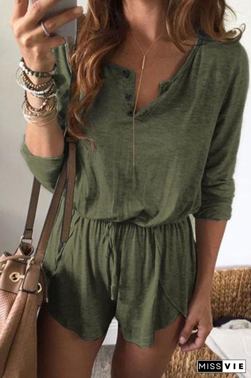 Solid Color Long Sleeve Tie Waist Romper P15011