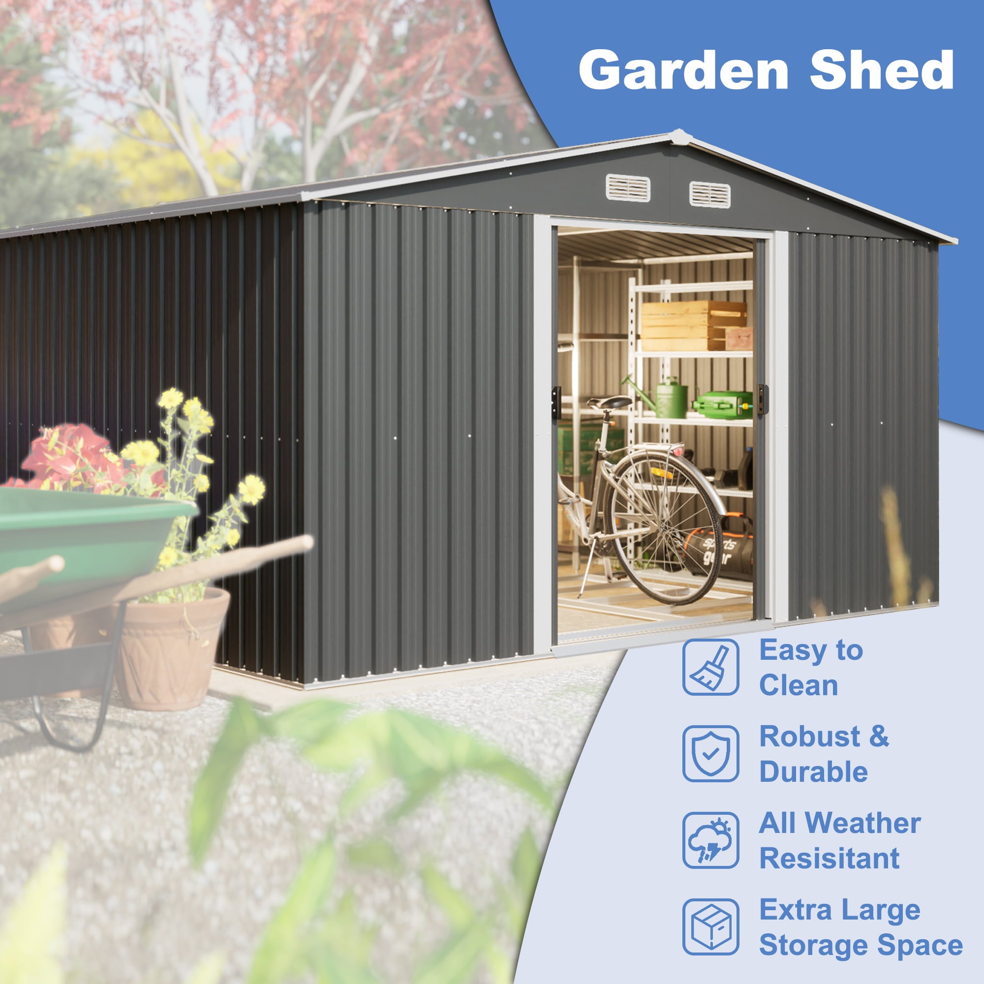 LZBEITEM 11 x 13 ft. Outdoor Metal Storage Shed，Galvanized Steel Garden Shed，Metal Garden Tool Shed with Double Lockable Sliding Doors for Backyard Patio Lawn,Black