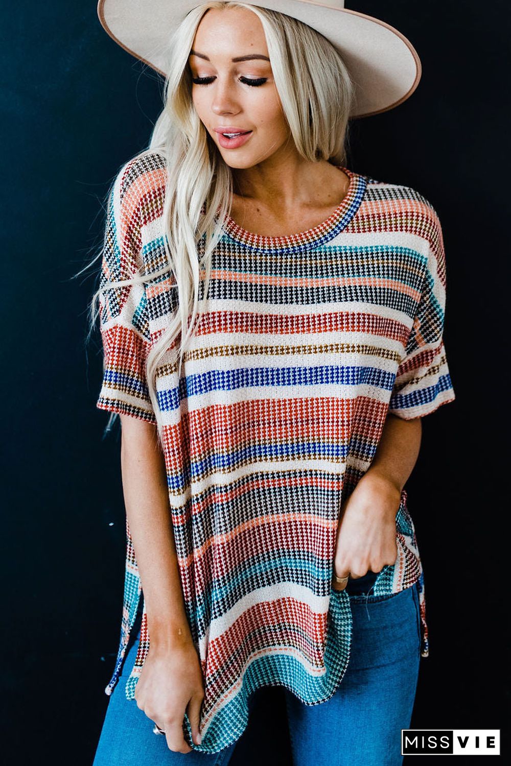 Multicolor Striped Loose T-shirt with Slits