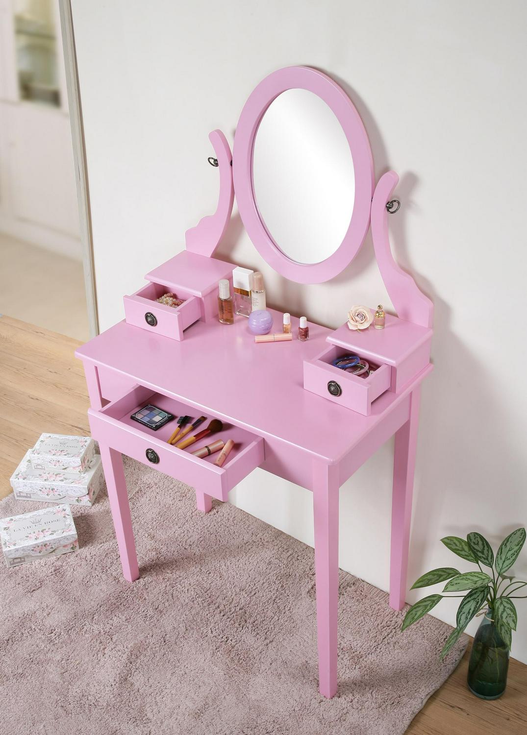 Roundhill Furniture Moniya Wood Vanity Table and Stool Set， Pink