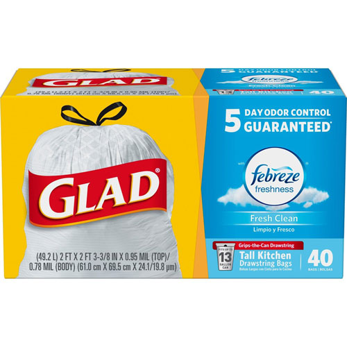 Clorox Glad ForceFlex Tall Kitchen Drawstring Trash Bags | Fresh Clean， 13 gal， 24