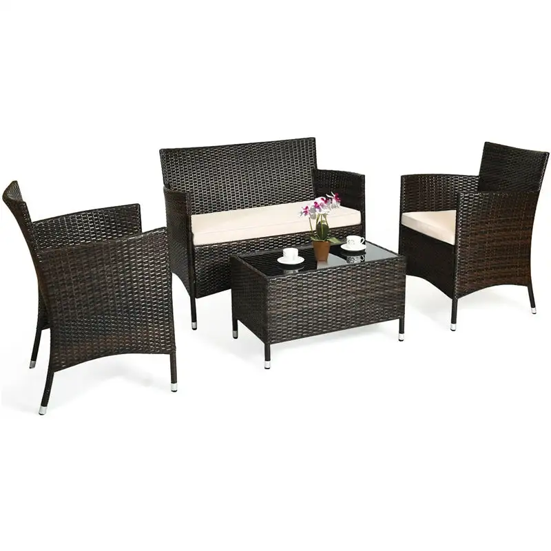 4 Pcs Outdoor Rattan Patio Conversation Set Wicker Furniture Set with Coffee Table and Cushioned Sofas