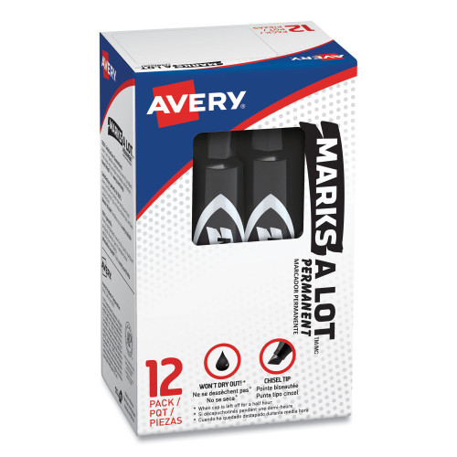 Avery MARKS A LOT Regular Desk-Style Permanent Marker， Broad Chisel Tip， Black， Dozen (07888)