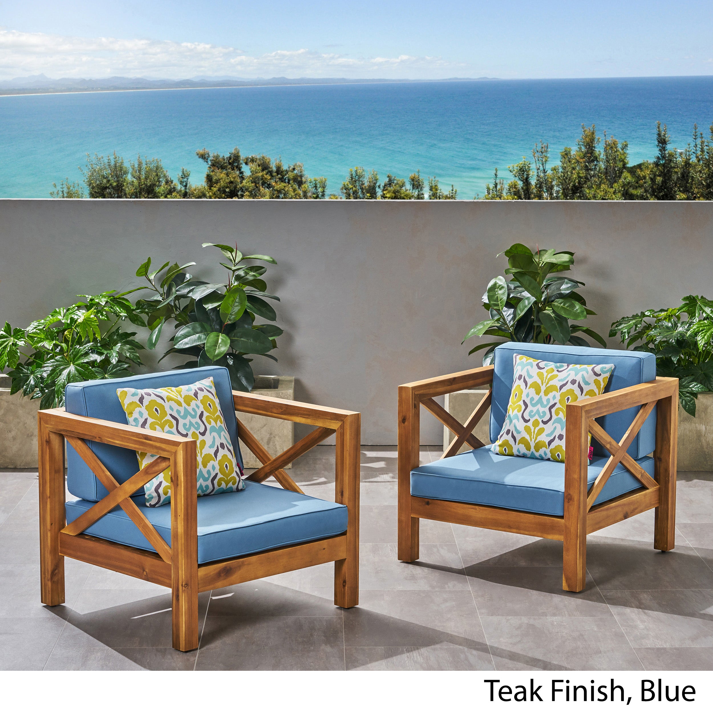 Indira Outdoor Acacia Wood Club Chairs with Cushions (Set of 2)