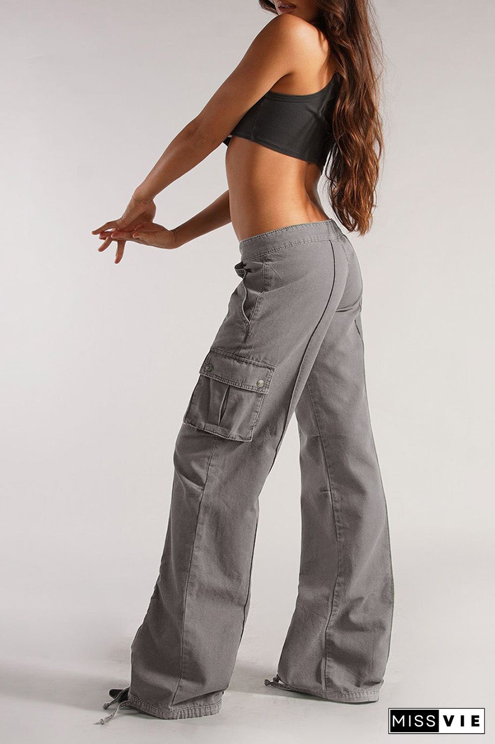 Flap Pocket Drawstring Low Rise Wide Leg Cargo Pants