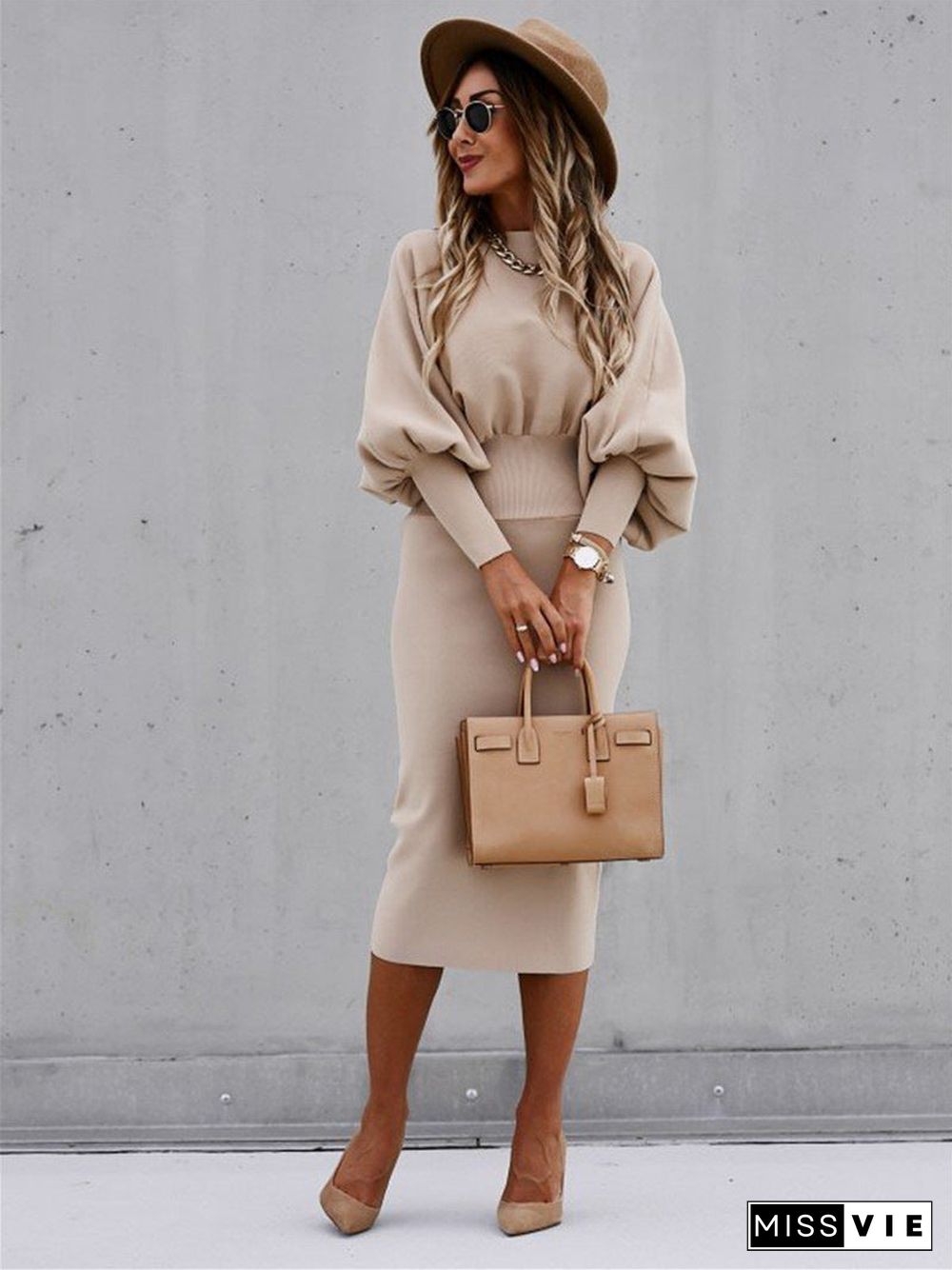 Long Sleeve Bodycon Solid Color Midi Dress