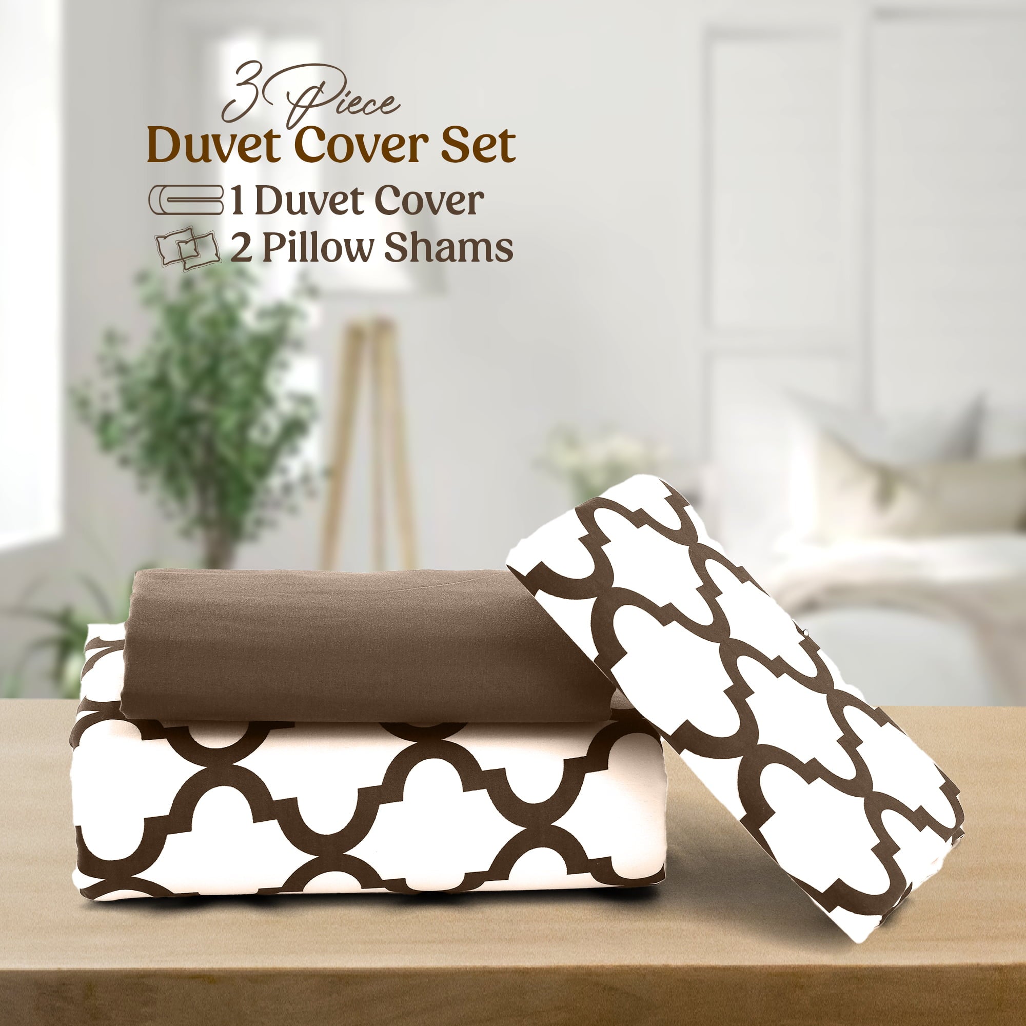 Lux Decor Collection Duvet Cover， 3 Pc Queen Duvet Cover Set with Zipper， Microfiber Comforter Cover with Matching Pillow Shams (Full/Queen， White/Chocolate)